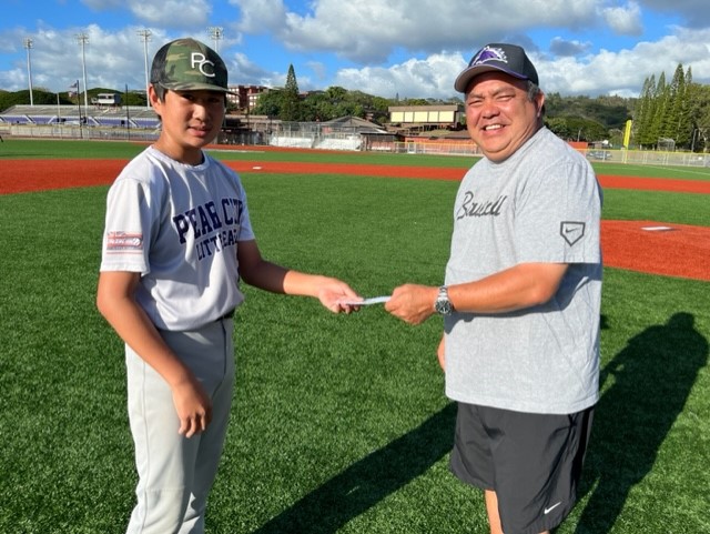 Pearl City Shopping Center supports Pearl City Chargers Baseball Banner Sponsorship Program Fundraiser with $500.00 check donation