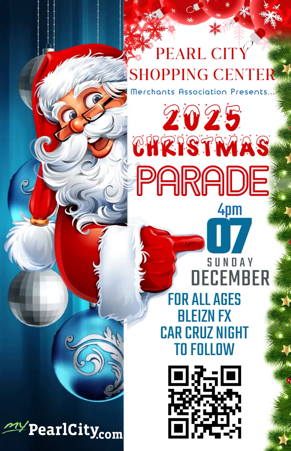 Pearl City Shopping Center 2025 Christmas Parade 12/7 at 4pm. For all ages. Bleizn FX Car Crux Night to follow