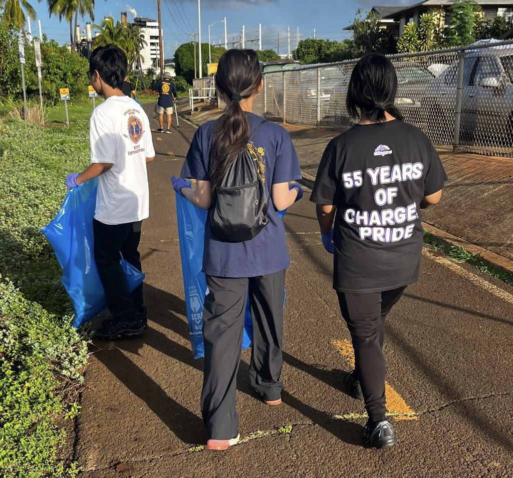 Rotary Club of Pearlridge and Pearl City High School Interact Club partner during Annual Honolulu City & County Pearl Harbor Bike Path Clean Up