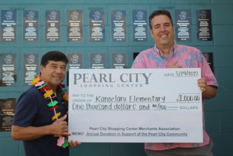 Kanoelani Elementary, Pearl City Elementary receive $1000.00 check donations from Pearl City Shopping Center Merchants Association