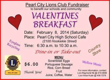 Pearl City Lions Club Valentines Breakfast Fundraiser, Saturday, Feb. 8